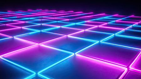 Abstract neon grid glowing in blue and purple tones on a dark floor.の素材