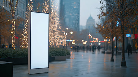 A blank digital signage board in a modern city square, awaiting digital content or advertisements.の素材