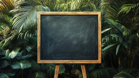 A blank chalkboard sign mounted on a wooden stand, positioned in front of a lush green background.の素材