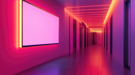 An empty LED custom sign surrounded by neon light, providing room for custom digital artwork or branding.の素材