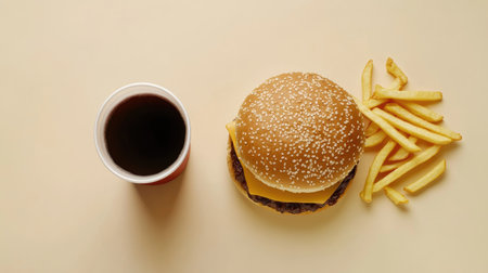 Aerial shot of a burger with melted cheese, golden fries, and a soda drink placed on a neutral-colored surface.の素材