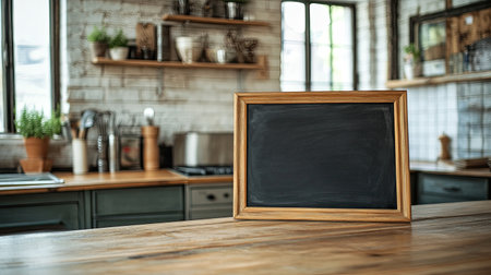 A black chalkboard sign framed in whitewashed wood, set on a clean wooden tabletop with simple decor.の素材