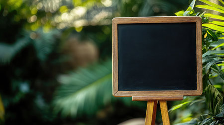 A blank chalkboard sign mounted on a wooden stand, positioned in front of a lush green background.の素材