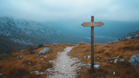 A clean wooden arrow sign nailed to a wooden post on a hiking trail.の素材