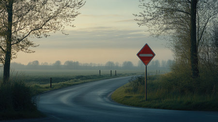 A blank diamond road sign at a crossroad in a scenic countryside setting.の素材