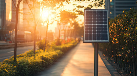 A bright solar-powered sign in an outdoor shopping area, ready for content with plenty of empty space.の素材