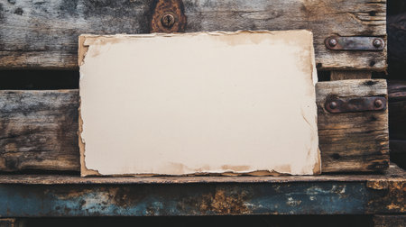 A blank handmade cardboard sign with rough edges, leaning against a vintage wooden crate.の素材