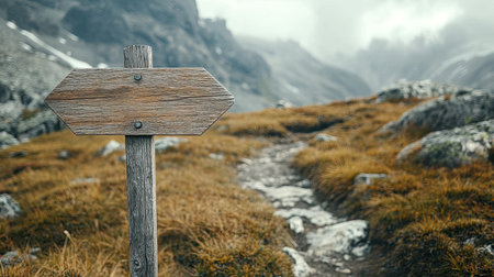 A clean wooden arrow sign nailed to a wooden post on a hiking trail.の素材