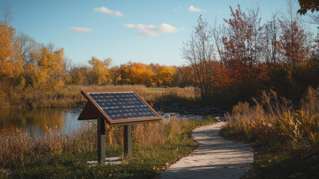 A clean, modern solar-powered sign by a walking trail, awaiting informational updates.の素材