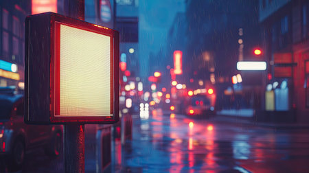 A digital screen installed on a pole in a busy shopping district, displaying an empty space for advertisements.の素材