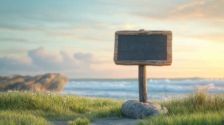 A freestanding chalkboard sign with a narrow wooden base, positioned in an outdoor setting with grass in the background.の素材
