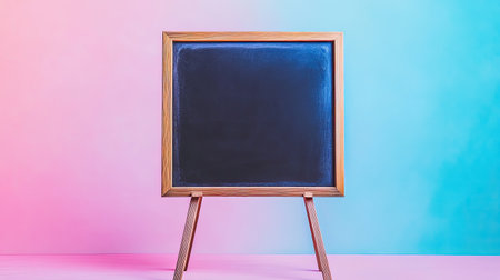 A freestanding wooden-framed chalkboard sign, positioned in front of a soft gradient background.の素材