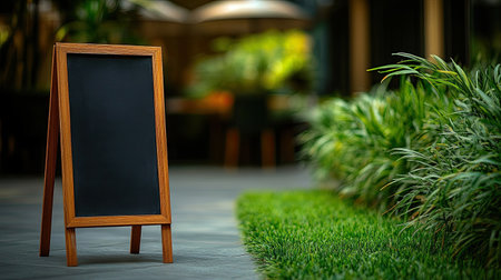 A freestanding chalkboard sign with a narrow wooden base, positioned in an outdoor setting with grass in the background.の素材