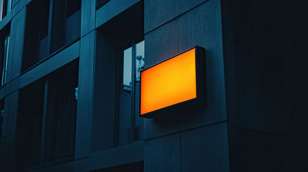 A glowing business sign in warm tones mounted on a high-tech building.の素材