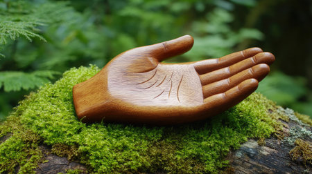 A hand-shaped wooden sign resting on a log with vibrant green moss underneath.の素材