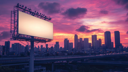 A large digital billboard in an urban setting, with a blank display against the backdrop of city buildings.の素材