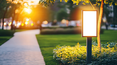 A modern solar-powered sign post in an eco-friendly park, displaying an empty space for digital content.の素材