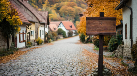 Blank wooden shop sign placed on a quiet street in a picturesque village.の素材