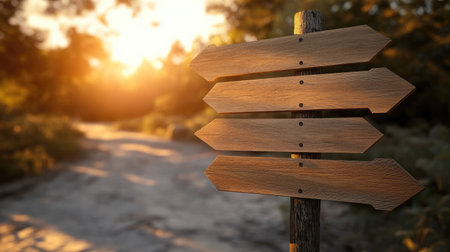 Blank wooden signpost with multiple directional planks on a sunny dirt road.の素材