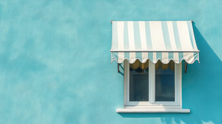 Bright, clean shop sign mounted on a pastel-painted wall in a coastal town.の素材