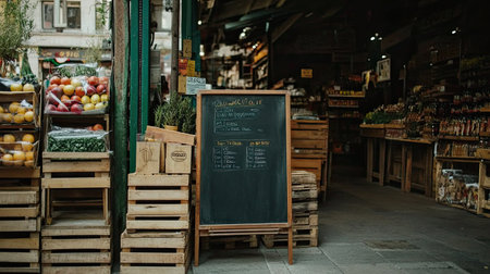 Chalkboard sign with a smooth wooden frame, propped up against a stack of wooden crates in a rustic setting.の素材