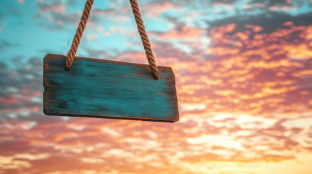 Empty wooden signboard hanging from a rope, with a vibrant sunset sky.の素材