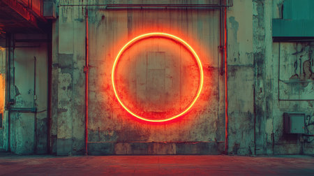 Glowing neon frame in a circular design mounted on a faded urban wall.の素材