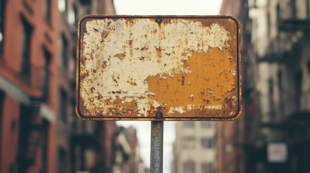 Faded road sign with peeling paint against a backdrop of industrial buildings.の素材