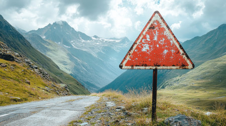 Diamond-shaped road sign with peeling paint placed at a remote mountain pass.の素材