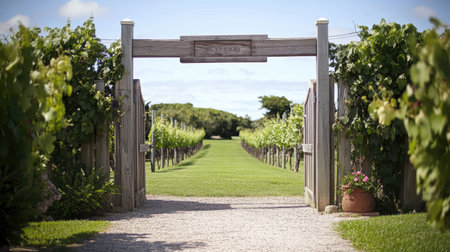 Horizontal wooden sign above a wooden gate leading to a vineyard.の素材