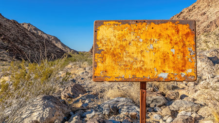Metal signboard with weathered paint, standing in a rocky desert area.の素材