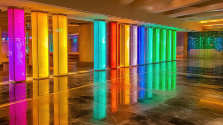 Glowing neon bars in a vertical pattern, illuminating a glossy floor.の素材