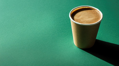 A biodegradable coffee cup placed on a green background, emphasizing eco-friendly business. Copy space.の素材