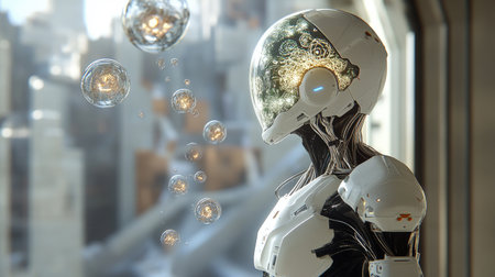 AI gears with holographic designs floating in a futuristic space. Copy space.の素材