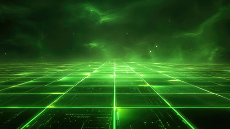 A clean futuristic cityscape showcasing a glowing green energy grid and connected digital systems. Copy space.の素材