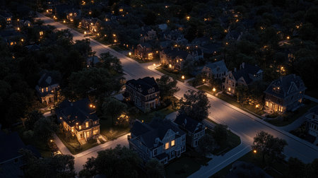 A bird's-eye view of a smart city at night, with glowing interconnected buildings and energy-efficient streetlights. Copy space.の素材