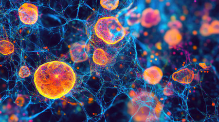 A digital representation of an AI-driven ecosystem with colorful, glowing data trails. Copy space.の素材