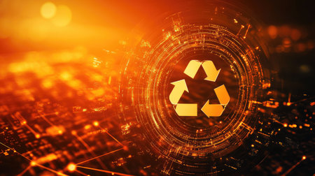 A futuristic circular economy concept depicted with glowing arrows and renewable resources. Copy space.の素材