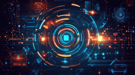 A glowing abstract electronic design with geometric shapes and vibrant colors, offering room for text.の素材