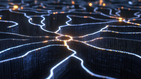 A high-tech circuit board glowing with neon AI nodes, showcasing intricate pathways symbolizing artificial intelligence processes. Copy space.の素材