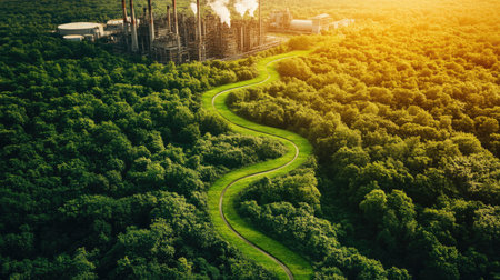 A green path winding through a digital representation of industrial zones, symbolizing sustainability. Copy space.の素材