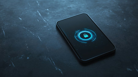 A sleek, futuristic smartphone with a glowing digital wallet icon on the screen, placed on a minimalist background. Copy space.の素材