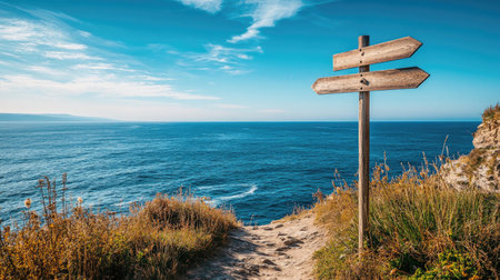 A solar-powered signpost by the ocean, illuminated by sunlight with ample space for future content.の素材