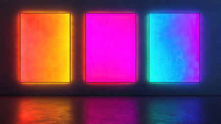 A sleek LED sign with customizable panels, glowing in bright neon hues, set against a dark background.の素材