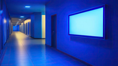 A sleek interactive sign mounted on a wall, glowing softly with a clean, empty screen.の素材