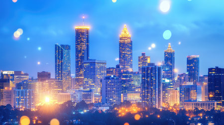 A vibrant city skyline with glowing smart infrastructure and digital network overlays highlighting connectivity. Copy space.の素材