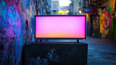 LED custom sign with vibrant, multicolor lighting, featuring an empty space for dynamic content.の素材