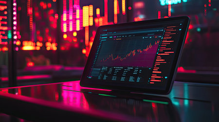 Shopee data analytics dashboard showing performance graphs, key metrics, and line charts on a sleek digital interface, leaving space for copy.の素材