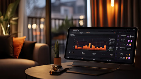 Shopee analytics dashboard with data trends, performance graphs, and numerical indicators on a dark, modern interface, leaving space for copy.の素材