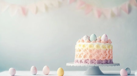 A beautifully iced Easter cake featuring a gradient of pastel colors, surrounded by Easter egg decorations, placed on a white table with plenty of room for copy.の素材